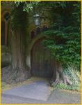 Door Flanked by Two Yews